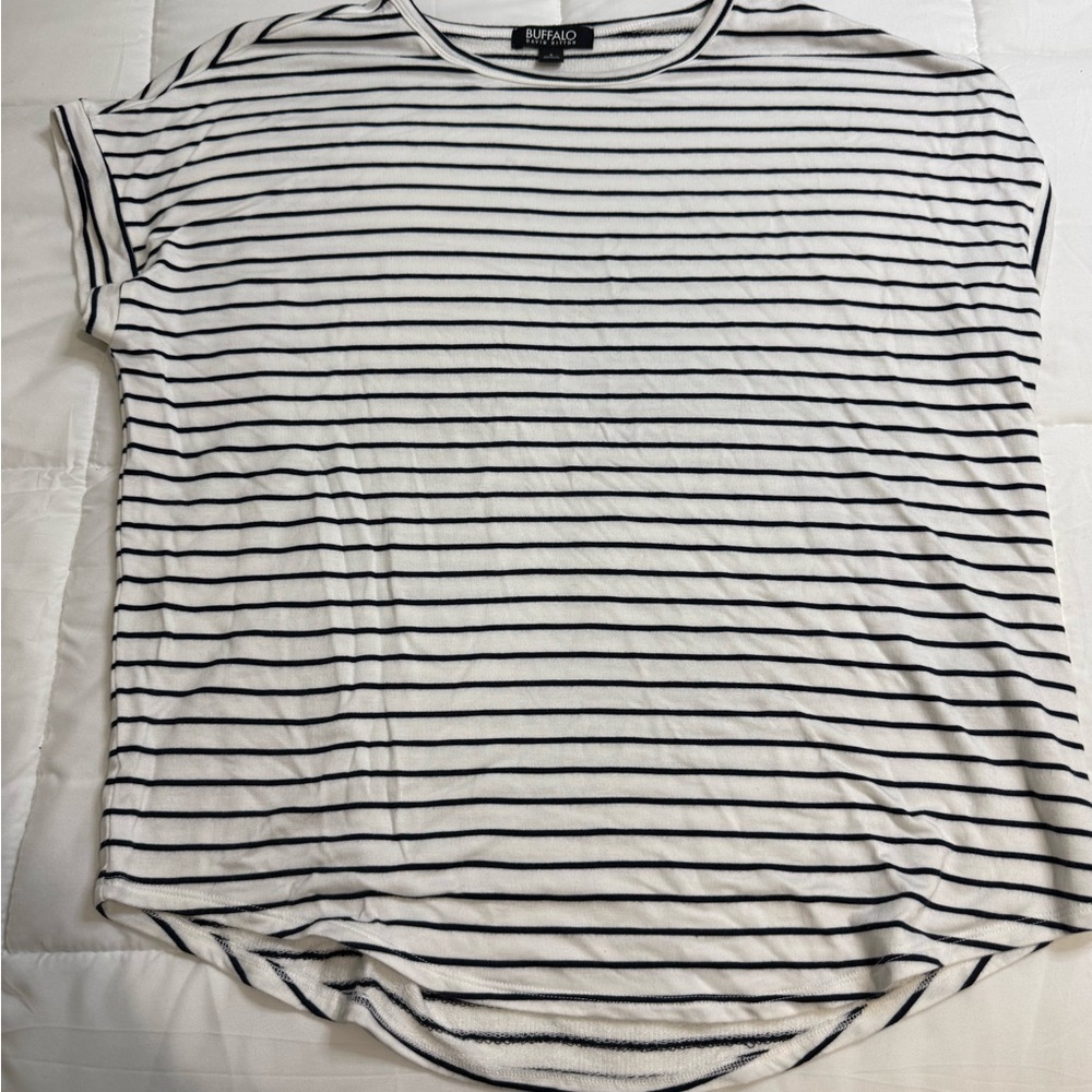 Buffalo David Bitton White and Black Striped Scoop Neck Tee